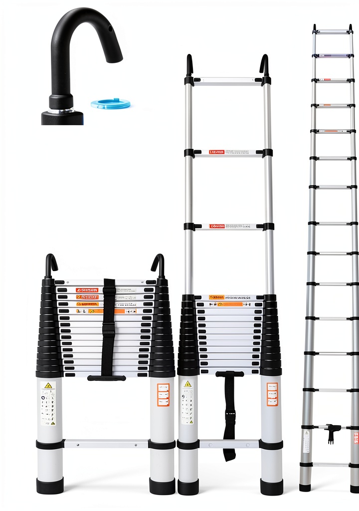 Qimu aluminum telescopic ladder extended to full height in a backyard setting